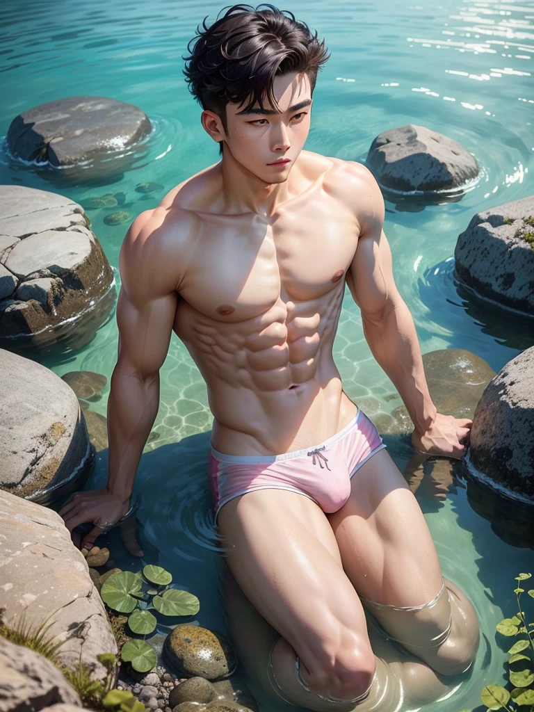 A 26-year-old handsome and cute korean man stands at 5'10" with a slim yet muscular and athletic build, his pink stylish curly taper cut hair, his pink iris gleaming in the warm light. He is shirtless, wearing fitted short sheer white microbriefs shows a subtle pattern with well enlarged defined outline and stylish design. He is taking a dip in the sparkling crystal clear waters in a crystal clear water of a beautiful lake. The gentle sunbeam illuminate his body, creating a sense of relaxation and tranquility.