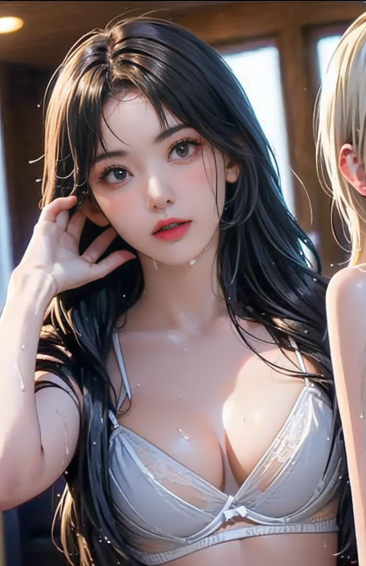 (8k, RAW photos, top quality, masterpiece:1.2), yjnn, , (((3 beautiful girls:1.8))), (side by side, cowboy shot:1.8), asian, (silky hair, bangs:1.8), bare_shoulders, bow, undergarment with small area, white gooey liquid all over the body), highly sticky , lips, from mouth, looking_at_viewer, navel, nose, real, shiny skin, beautiful delicate face, beautiful delicate eyes, ( Realistic, photo real: 1), Various hairstyles, various poses, SEXY, 18 years old, (large breasts, bare breasts:1.6), she is wet, her face is also wet, her breasts are also wet, her cleavage is especially wet, her mouth is also wet, her armpits are also wet, sheer underwear of lace material, underwear with a small area, areola is visible, she is smiling gently, (Three girls show off their look to viewers:1.6), (white tiny Sexy Lingerie:1.8)