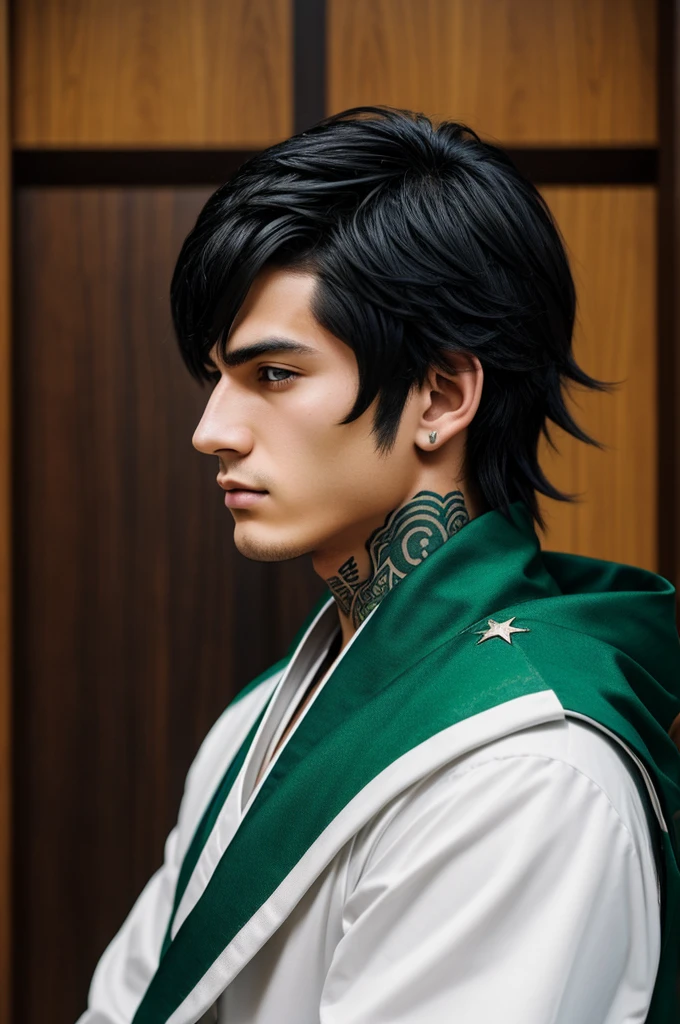 A young man with black hair with emerald tips and eyes of the same color wearing the uniform of the hunter corps from the anime kymetsu no yaiba with a white haori and a tattoo of stars on his neck