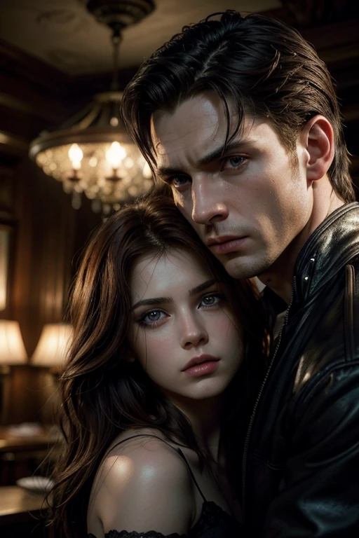 A muscular dark-haired, dark-eyed man, a redheaded woman, detailed portrait, natural lighting, dramatic chiaroscuro, moody atmosphere, cinematic composition, oil painting, hyperrealistic, highly detailed, intricate textures, dramatic lighting, vibrant colors, elegant poses, romantic setting