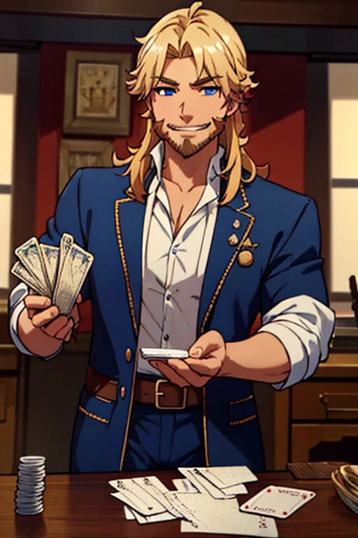 Perfect face. Perfect hands. A blonde muscular haired cowboy with blue eyes and a dark beard and long hair in a sheriff's outfit is playing cards at the saloon with a big smile