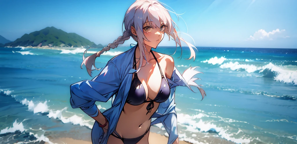 anime girl, white hair, bikini, beach