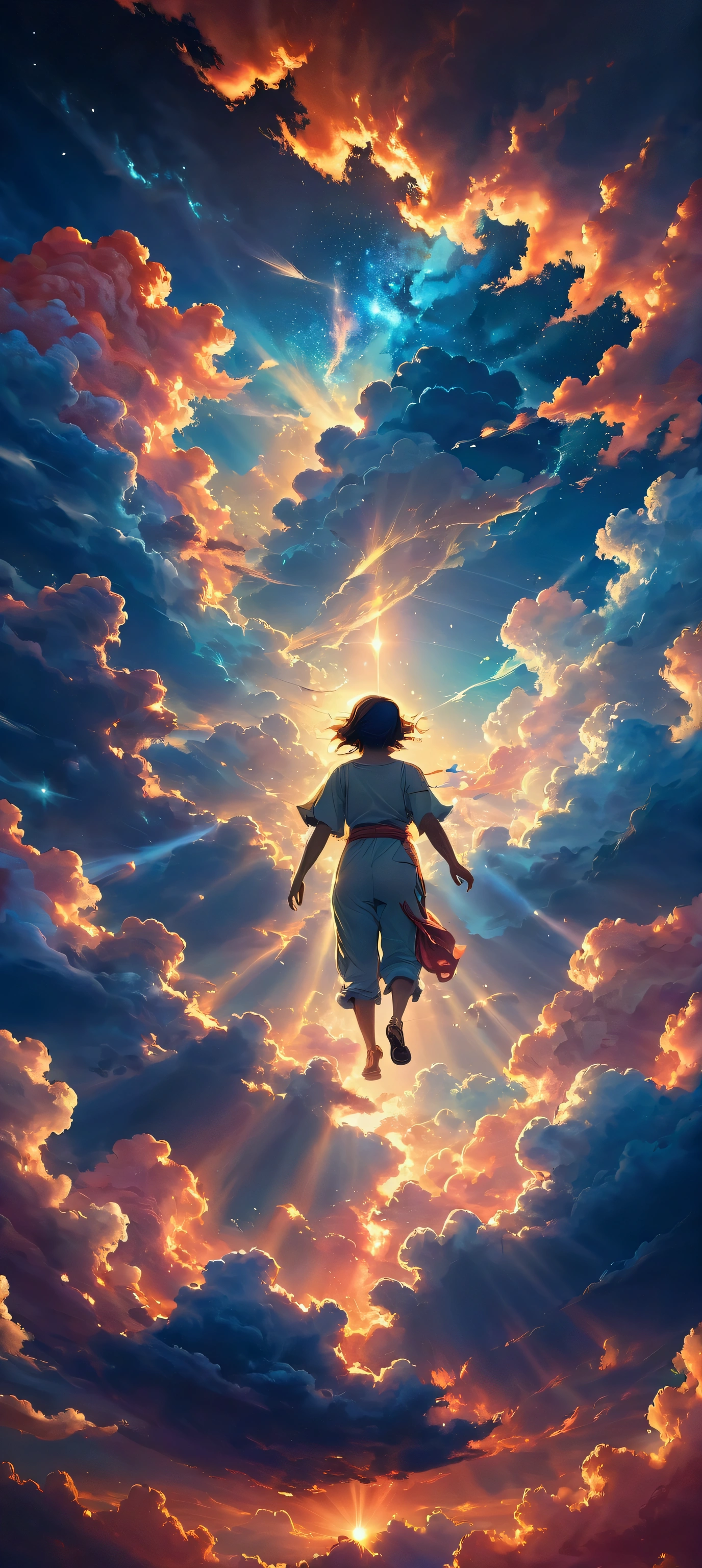 "A lone figure with short hair floats upward through a breathtaking sky filled with vibrant, fluffy clouds. The clouds are illuminated with stunning hues of orange, pink, and blue, creating a dreamlike and ethereal atmosphere. The sky features deep, rich blues transitioning to lighter shades near the light source. The path of light breaking through the clouds casts a golden glow, highlighting the figure's silhouette. The overall mood is serene and wondrous, capturing the essence of ascending to a magical, otherworldly realm. The colors and shades are vibrant and richly detailed, with the light interplay creating a mesmerizing, heavenly effect."