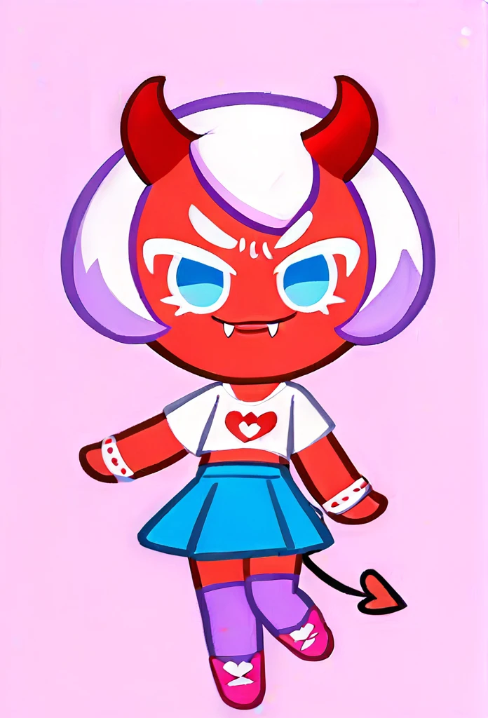 chibi, full body, CookieRun, 1 girl, short hair, red horns, small horns, white top, blue skirt, purple stockings, pink shoes, demon tail, fangs, blue eyes