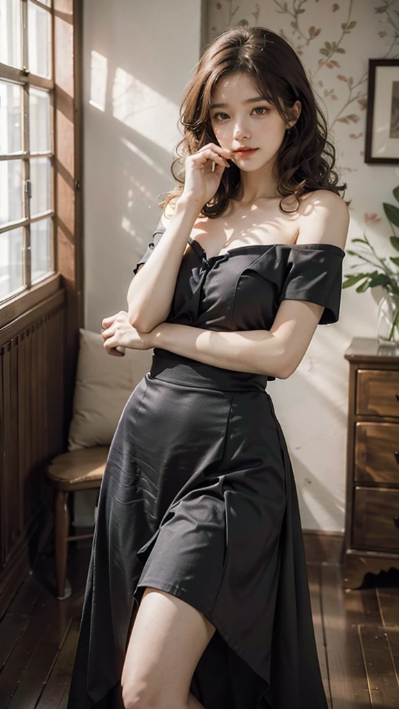 detailed background, masterpiece, best quality, 1 person , curly hair, long hair, purple eyes, star in eye , black Strapless blouse, long skirt, cute different poses, indoor wood furniture