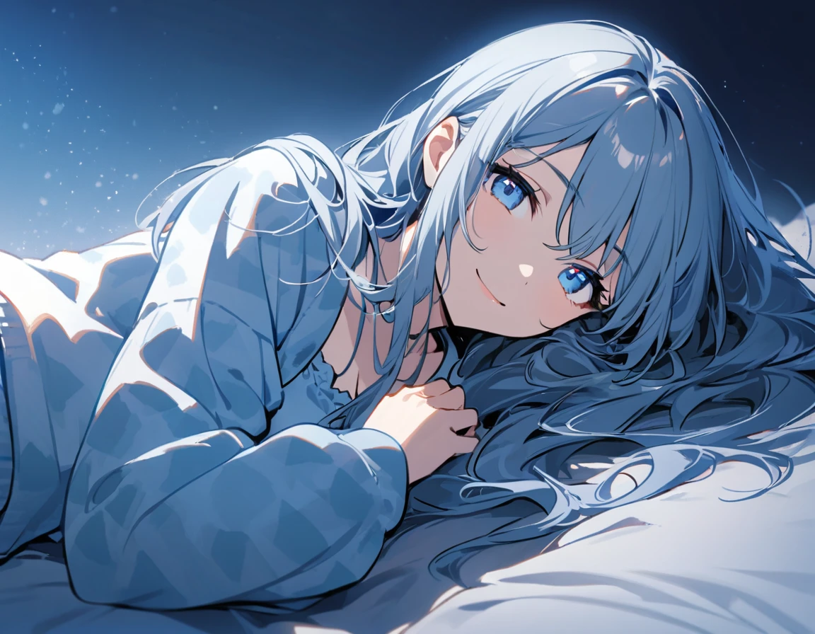 1lady,noble,(blue gray hair),long hair,blue eyes,medium breasts,smile,upper body,loungewear,lying on bed,laying on one side,side view,looking at viewer,midnight,blue theme