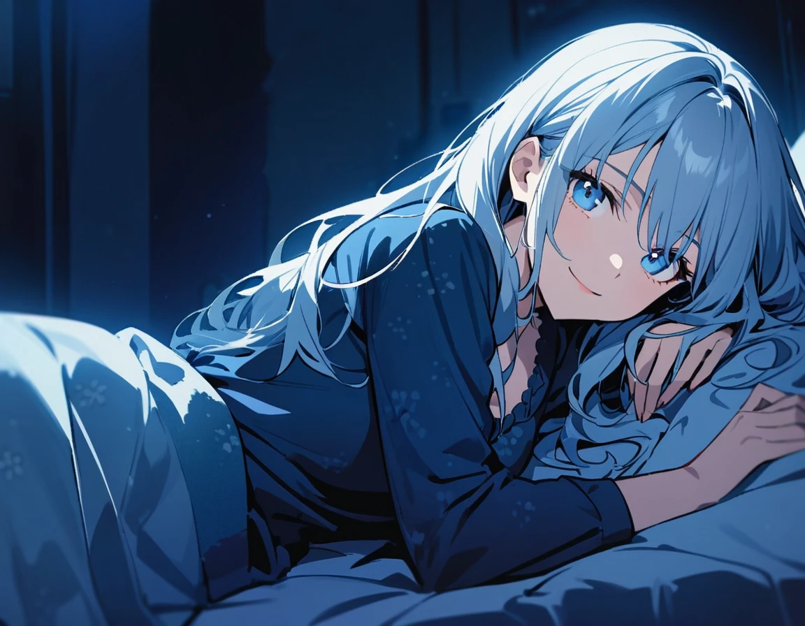 1lady,noble,(blue gray hair),long hair,blue eyes,medium breasts,smile,upper body,loungewear,lying on bed,laying on one side,side view,looking at viewer,midnight,blue theme