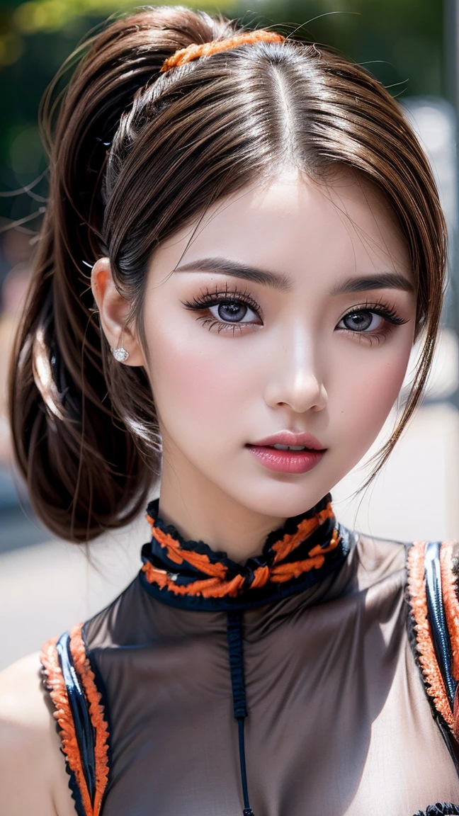 photorealism 16K realism ultra resolution quality, (Ultra-realistic proportional body, anatomically correct), (the most absurd quality perfect eyes), (intricately detailed beautiful face), (light pale complexion). BREAK, (ultra perfect eyes with absurd quality, extremely detail, ultra resolution, clear sharp focus, not blurry. Realistic brown_eyes:1.35), (finely quality, perfect round eyes), (finely detailed pupils), pink_makeup:1.3, red_lipstick:1.25, eyeliner, (perfect dark_eyeshadows:1.35), beautiful cheekbones, dramatic lighting, ((perfect composition)), pale skin, (dry skin), sexy stylish Korean model, only 1 female, (sexy doll-like appearance), ((hair combed smoothly:1.4)intricately detailed:1.4), ((tied in a high ponytail:1.45)), ((sexy ta cosplay:1.25)), unconventional skirt, petticoats, ((detailed embroidery)), (transparent PVC in the shade of ORANGE), ((Shiny ORANGE Transparent Holographic Full Bodysuit: 1.2)), cinematic light, detailed background of a large park with trees, dynamic pose、(shot to the knees), ((no decorations in the hair)), (dark shot:1.1), (firm normal full breasts),