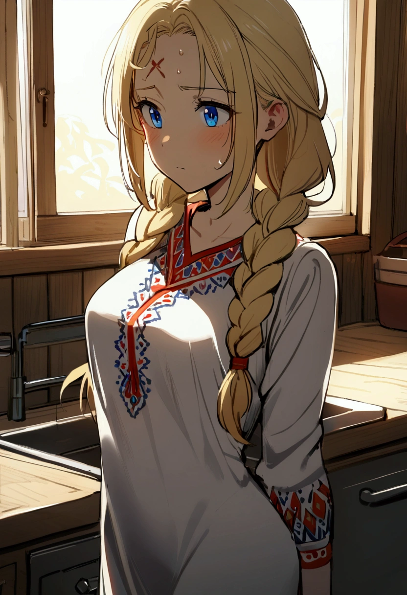 1 girl with long blonde hair, hair braided into two braids, Blue eyes,medium breasts, white Slavic dress, Morning lighting, stands near the village kitchen, sweat on my forehead