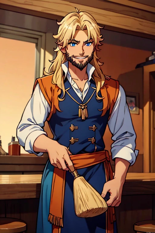 Perfect face. Perfect hands. A blonde muscular haired cowboy with blue eyes and a dark beard and long hair in a sheriff's outfit is drinking at the saloon with a big smile