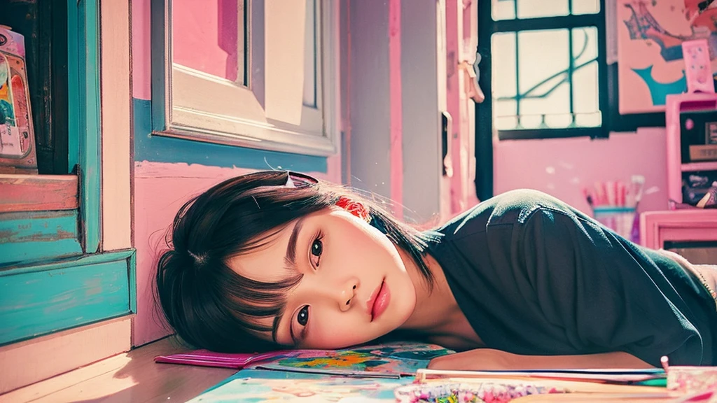 Small face, pretty 24 year old girl listening to music in a corner of a pink room, painting, detailed work, delicate, sense of depth, anime style, large room, cluttered, immersed, colorful, urban, city center, cutting edge, cat, black hair