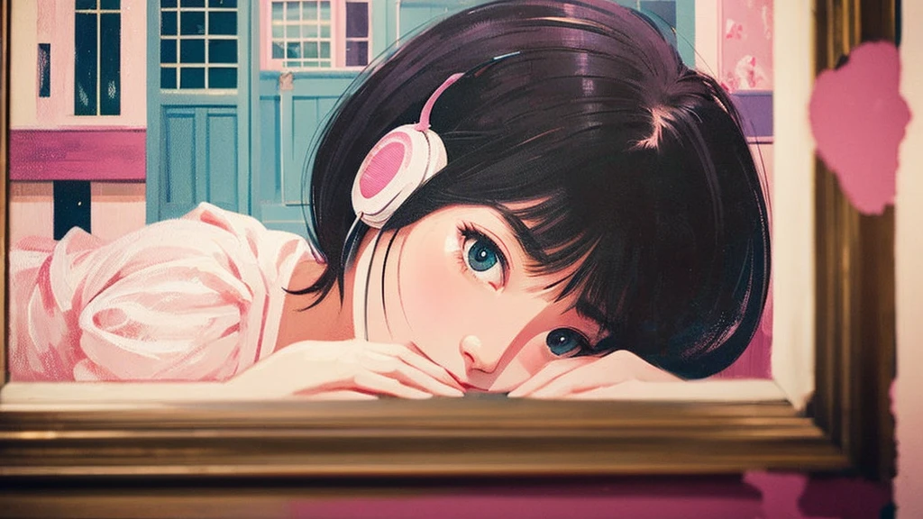 Small face, pretty 24 year old girl listening to music in a corner of a pink room, painting, detailed work, delicate, sense of depth, anime style, large room, cluttered, immersed, colorful, urban, city center, cutting edge, cat, black hair