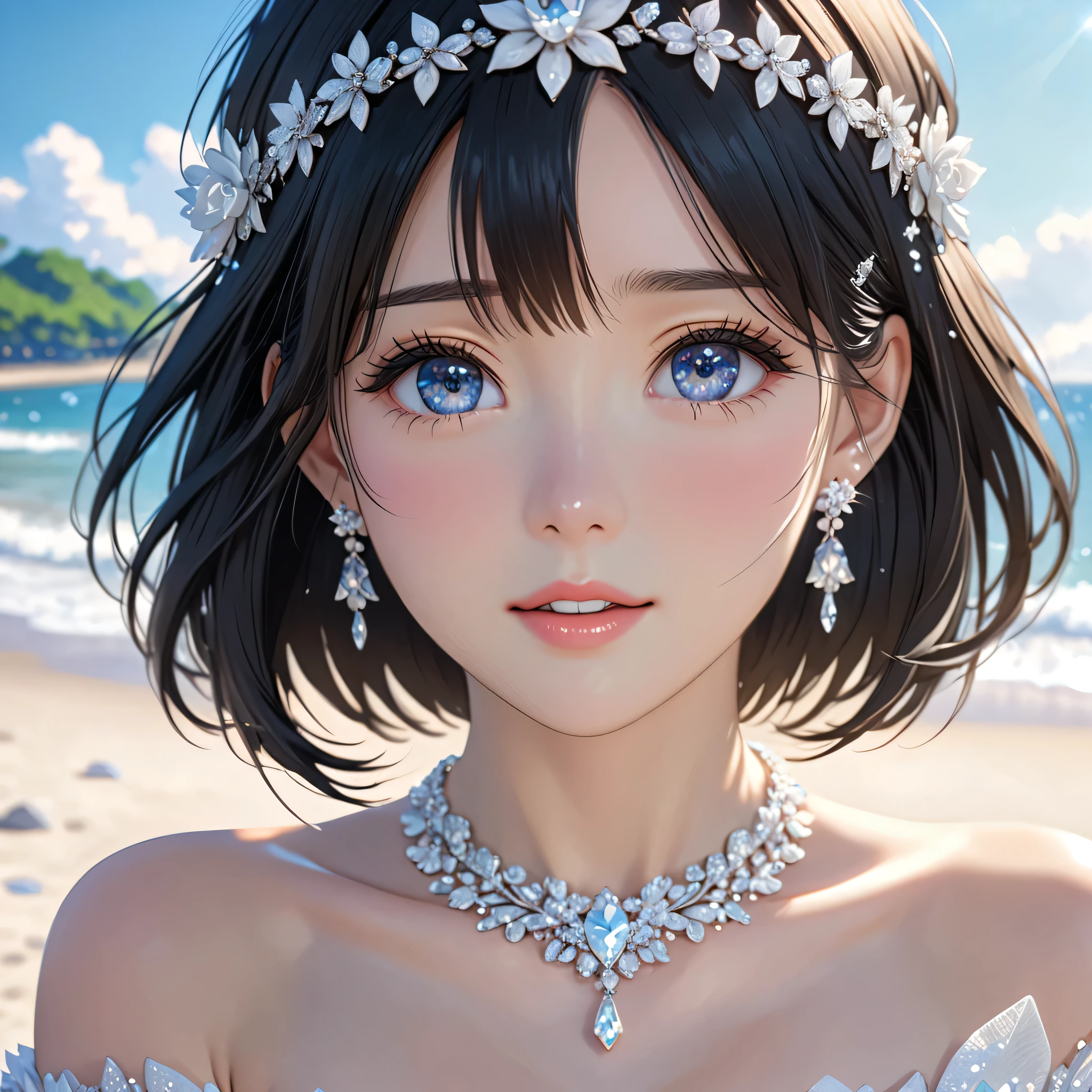 National Science Foundation,masterpiece,High resolution,8k,Art,digit,Three-dimensional,Realism,Kyoto Animation Style,your name movie style,looking into camera,On the scenic beach,(1 girl: 1.3),(alone: 1.4),(Upper body nudity),White rose crown,white crystal necklace,White crystal earrings,Black hair,Long eyelashes,Slender legs,Short Bob,Close-up of upper body,Close-up,(Close up),Eyes as deep as the starry sky,shy,blush,open mouth