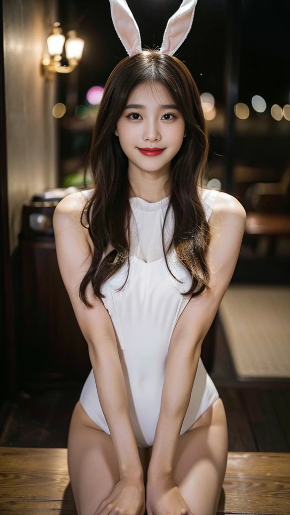 (8k、Bunny Suit、Sexy Bunny Girl、leotard、A refreshing smile、Highest quality、high resolution、masterpiece:1.2)、One woman、Laughter、Grin、Luxury、Night view、Fishnet tights、Look at me、Japan 19 years old、Female college student、Portrait、Ultra-detailed、Highest quality、Ultra-high resolution、(Realistic、Photorealistic:1.4)、Dark brown hair、Semi-long hair、Dark brown eyes、Whole Body Ezbian、Thin face、Rabbit chest、Observe your audience、Beautiful and detailed、Skin Texture、Narrow waist、Beautiful feet