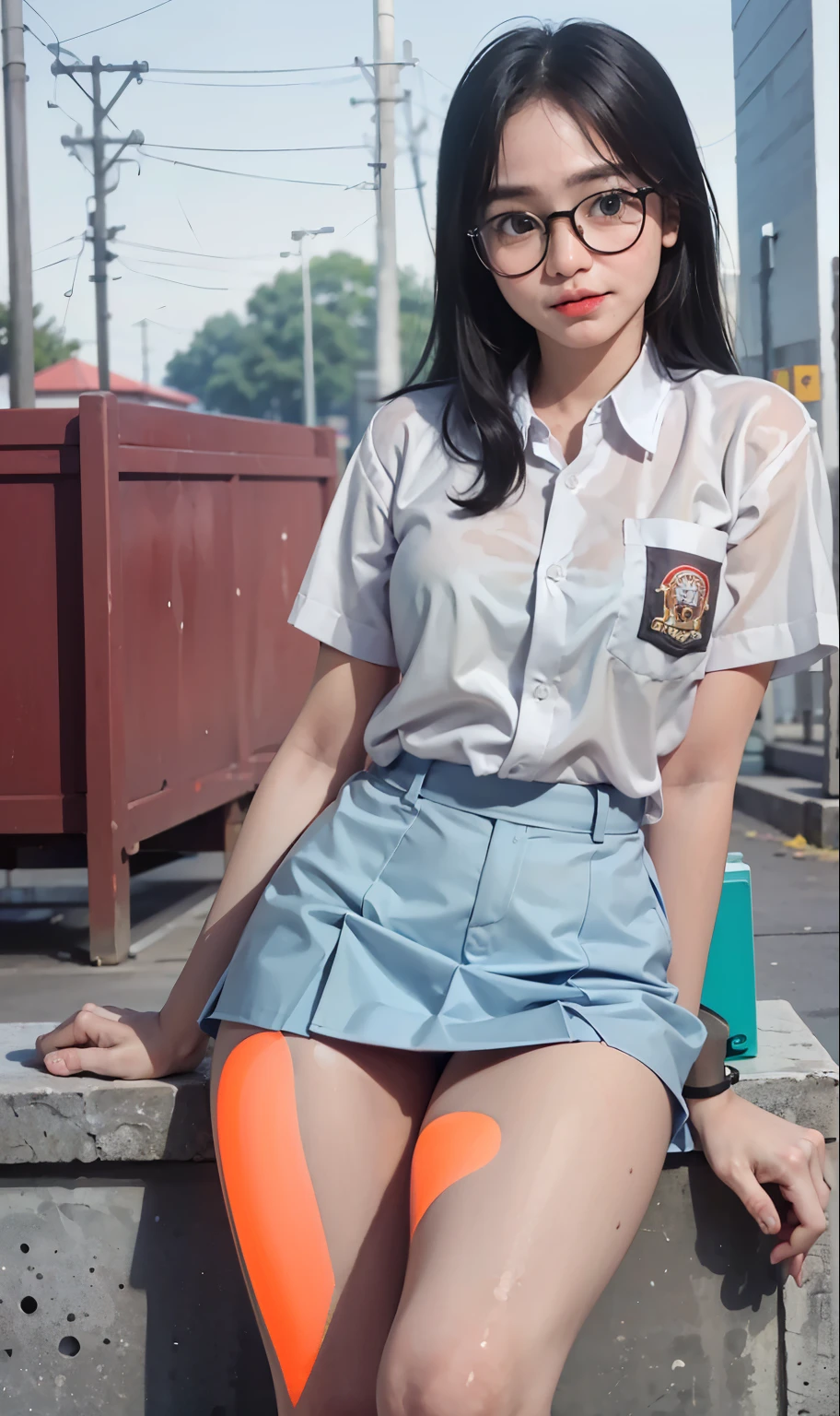 18 years old girl, (((at park))), (transparent white shirt), (wet shirt), (short skirt), RAW photo, (photorealistic:1.37, realistic), highly detailed CG unified 8K wallpapers, 1girl, ((slender body:1)), (small breasts:0.9), looking at viewer, ((straight from front)), (HQ skin:1.2), (clean skin:1.2), 8k uhd, dslr, soft lighting, high quality, film grain, Fujifilm XT3, (full body:0.8) , tokyolagii , (bold glasses), full body in, perfect body, two legs, long legs, (big thigh:0.9), (wide waist:1.1)