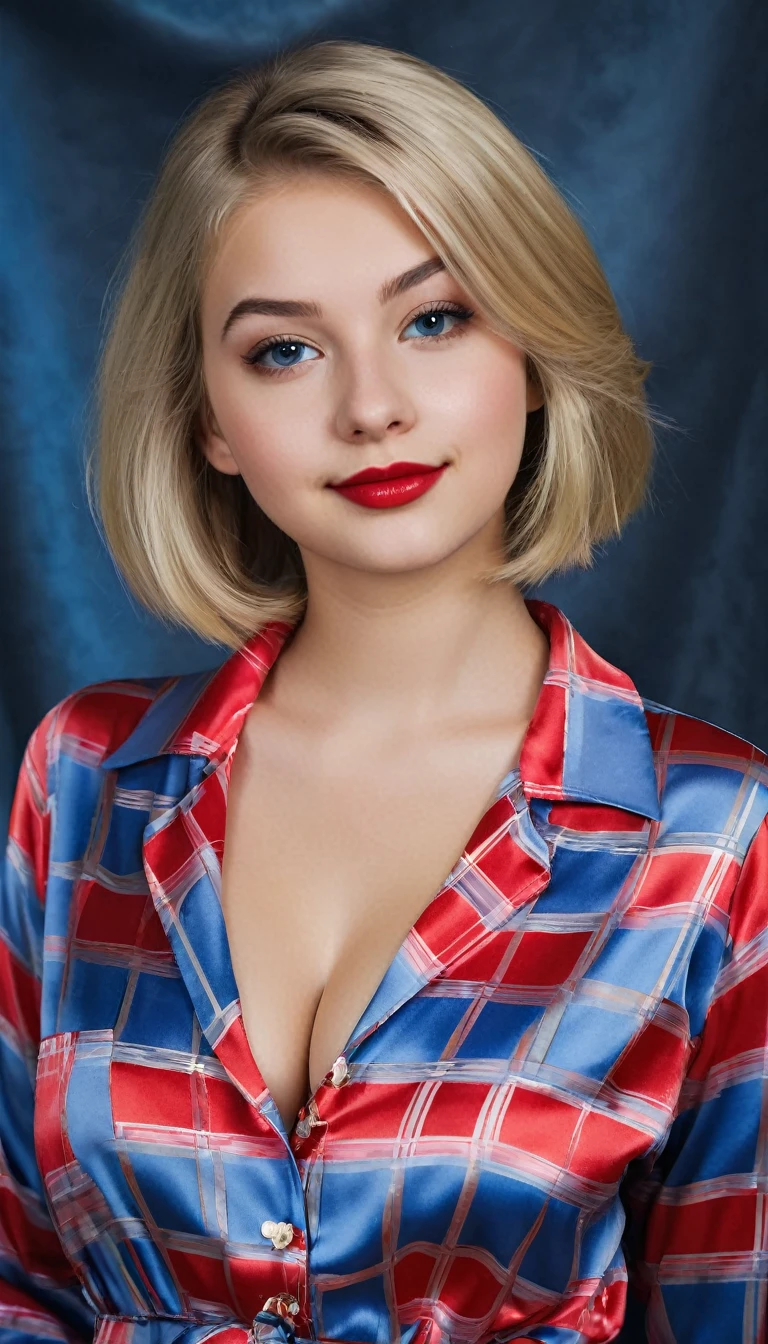 ultrarealistic high quality mugshot photo of a beautiful busty european 18-year-old teen girl with cute hyperdetailed shy happy face and shoulder length platin-blonde classic bob and long legs, realistic round eyes, red lipgloss, decent makeup with eyeliner, wearing prussian blue button-up satin pajamas, cleavage, hourglass body, indoor office photography