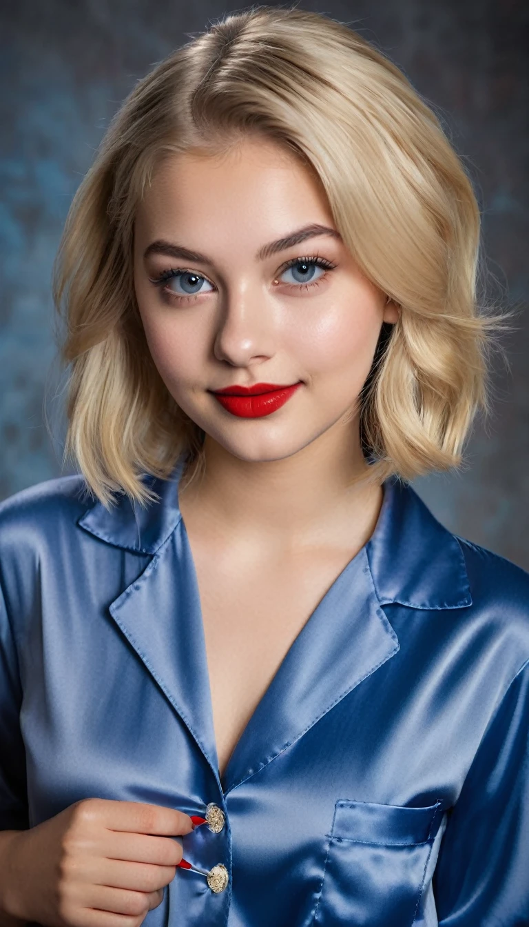 ultrarealistic high quality mugshot photo of a beautiful busty european 18-year-old teen girl with cute hyperdetailed shy happy face and shoulder length platin-blonde classic bob and long legs, realistic round eyes, red lipgloss, decent makeup with eyeliner, wearing prussian blue button-up satin pajamas, cleavage, hourglass body, indoor office photography