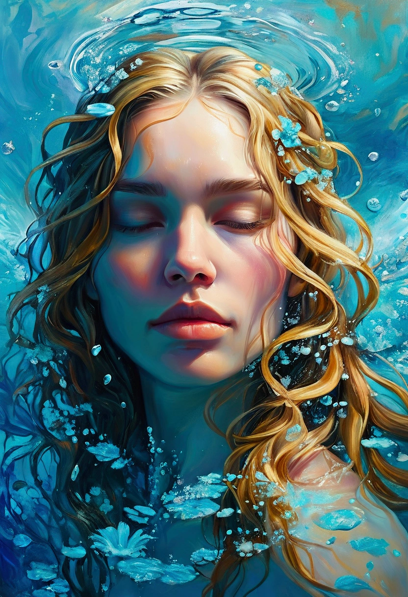 Create a detailed and expressive painting of a woman with long blonde hair in the foreground, representing the element of water. She should be centred in the painting, with her head slightly tilted back, her eyes closed and her expression completely serene. Her shoulders should be visible, framing her face, while the rest of her body is outside the frame. The background should represent a watery halo around her head, composed of vibrant shades of turquoise and dark blue. This halo should create a serene, flowing effect, blending harmoniously with the woman's hair to convey movement and lightness. Include elements characteristic of water, whether flora or fauna. Use soft lighting to highlight the contours of her face and the texture of her hair, creating a subtle contrast with the aquatic background. Add details such as fish, sea life or marine flora. The artistic style should focus on intricate details and ethereal elements, ensuring a composition that feels divine and evocative of the aquatic element. Keep the tones cool and the textures fine to accurately capture the essence of the aquatic element.