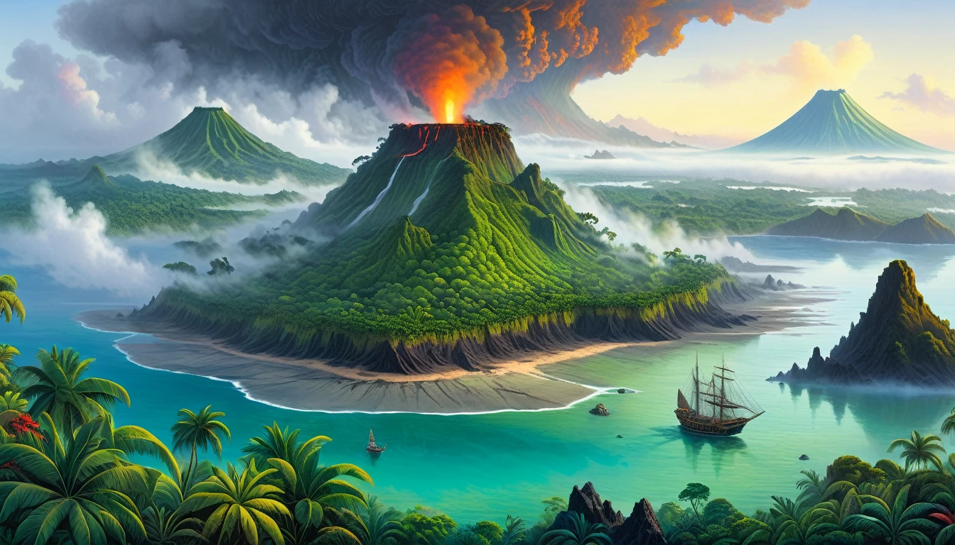 [panoramic view]:(A mysterious island at the base of a volcano shrouded in fog, the tropics, an intricate plot by Jules Verne), (The illustrator of the novel was Jules-Descartes Fera),((oil painting knife)), Complex details, intricate, aesthetics, ((best quality, Masterpiece)),
((Highest detail), Octane rendering, 8K  