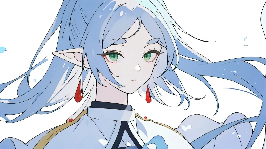 (Standing above the waist), Solitary, masterpiece,best quality,8K,(1 girl solitary, (Green eyes, Eyes pursuing perfect details:1.2), solitary, Friland, (long gray hair), ((Double tail)), (Pointed ears, Elf ears), Like a gem, Red earrings, White shawl, White Dress), best quality,masterpiece,Extremely,Eye focus beautiful eyes, Red Licorice, blue flowers,((White background:1.3)), Clean background,masterpiece, best quality at best, Implications, , Beautiful and detailed lighting, Beautiful and delicate eyes, Diaphragm, Large forehead,Onmyoji Detailed Art, Oriental traditional art style, Beautiful style, Floating World, Biomechanical Robotic Aesthetics, Nightmare reality, cable, and microchips, Create surreal visual effects. Volumetric lighting and 8K post-production bring ultra-detailed renders to life, Blue and white hues, masterpiece, Top quality, best quality, Ultra-high resolution