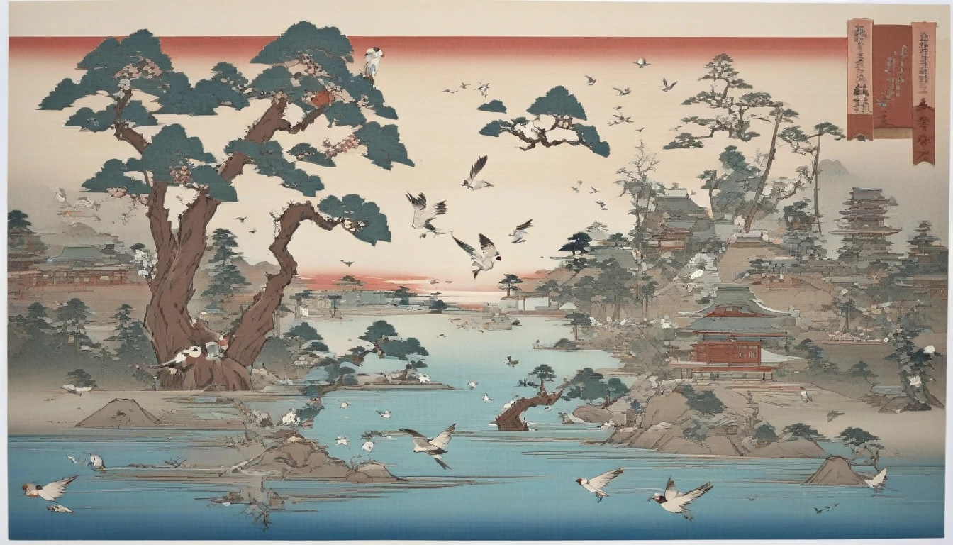 Tree, bird, japanese art style