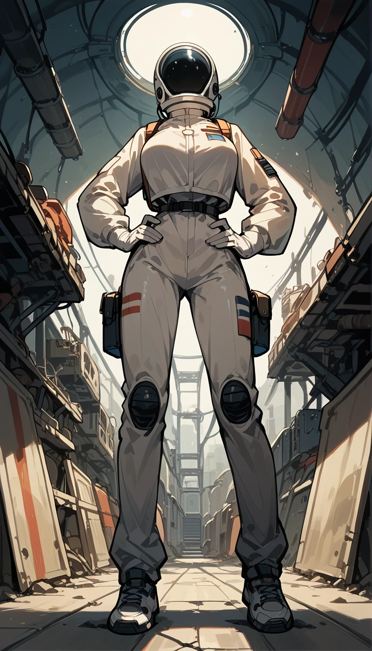Masterpiece, best quality, Masterpiece, best quality, 1 woman, astronaut suit , wear a hat , big breasts , abdomen , Long legs , Put your hands on your hips... , shoe , full body , abandoned factory , at night