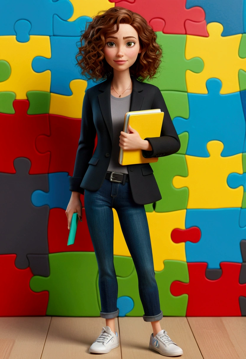 3D PIXAR STYLE POSTER. woman 36 years old, with light skin, MEDIUM BROWN HAIR curly with lighter highlights , olhos de cor cerulean, black blazer, black jeans pants, gray shirt, White sneakers, notebook in hand, BACKGROUND WITH RED PUZZLE, cerulean, green and yellow.