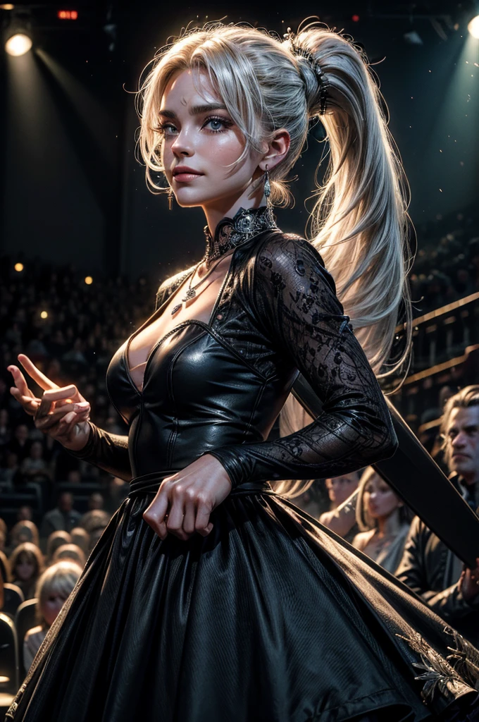 (masterpiece, best quality:1.2), cowboy shot, weissvale, smile, closed mouth, looking at viewer, long white hair, side ponytail, scar above eye, scar below eye, black gala dress, jewelry, necklace, earrings, future_urban, standing in theater, singing on stage, orchestra, audience, crowd, (volumetric lighting), intricate details, tonemapping, sharp focus, hyper detailed