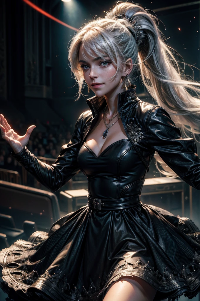 (masterpiece, best quality:1.2), cowboy shot, weissvale, smile, closed mouth, looking at viewer, long white hair, side ponytail, scar above eye, scar below eye, black gala dress, jewelry, necklace, earrings, future_urban, standing in theater, singing on stage, orchestra, audience, crowd, (volumetric lighting), intricate details, tonemapping, sharp focus, hyper detailed