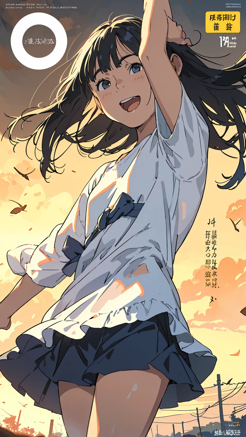 Reasonable design, Clear lines, High Sharpness, (Highest quality,4K,Perfect sharpness,Ultra-fine,High resolution,masterpiece:1.2), Perfect Anatomy:1.5, Official Art, Illustrations that tell a story, (Whitish background:0. 9）、Body Positivity、Diverse physical expressions、（(Random and energetic poses)）、Perfect beauty、Perfect beautiful face、(Strong winds)、Rich expressiveness、Dynamic configuration、smile、Golden ratio composition、colorful、（(Different angles and perspectives))、Anime Drawing Skirt、（Overcoming stereotypes）、 Glowing Skin、（Natural Beauty）、bangs、Straight hair、（Soft and flowing hair）、（countryside）、（Nostalgic atmosphere）、Put it on your feet、（Playful and easygoing）、（diverse characters）、（Graceful posture）、（Sunny atmosphere）、（Bright colors）、Inserted up to the thighs、Skirt fluttering in the wind、Angle from above、Cheerful girl、Weekly magazine cover、