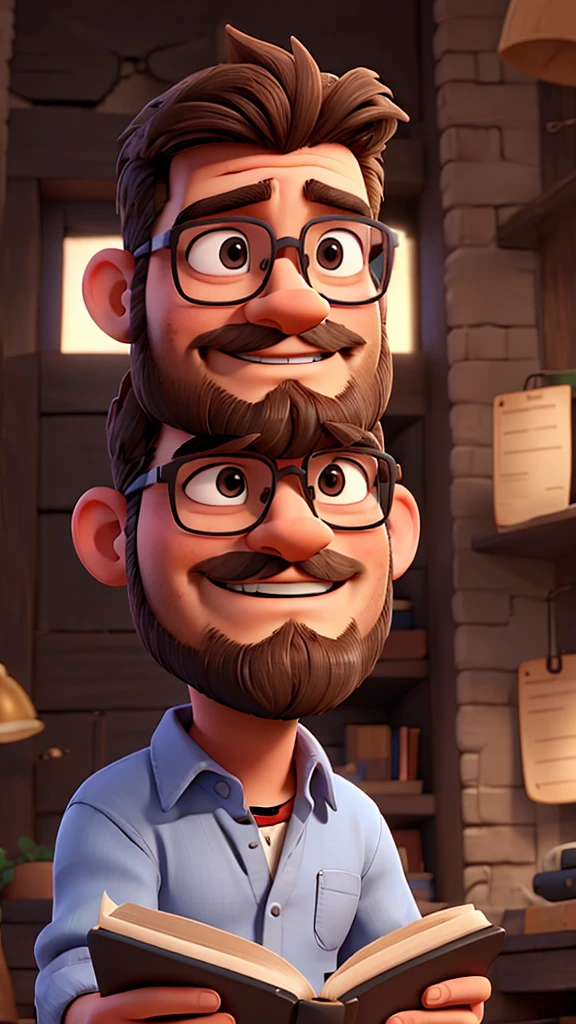 Christian man reading a bible with a short beard wearing glasses.