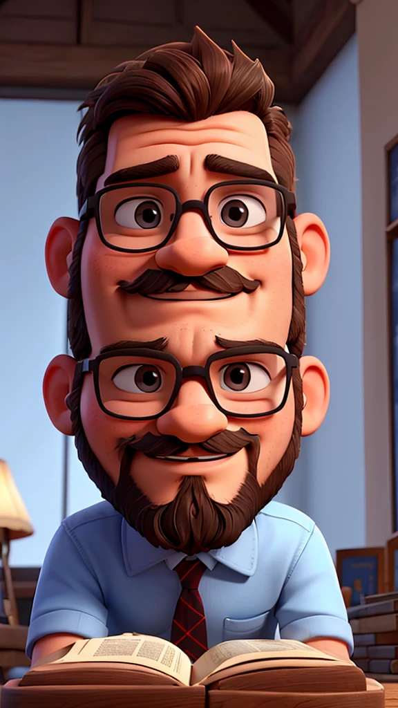 Christian man reading a bible with a short beard wearing glasses.