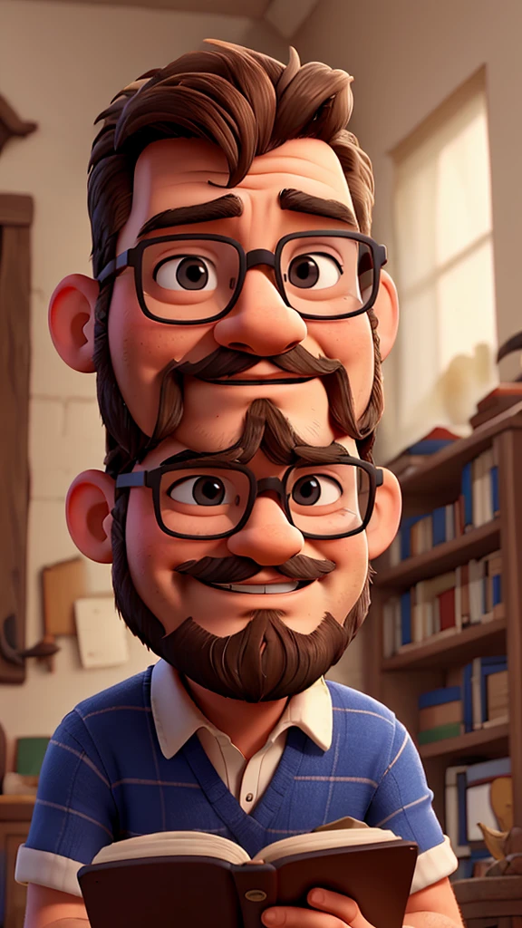 Christian man reading a bible with a short beard wearing glasses.