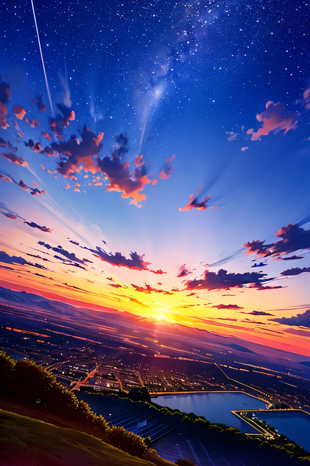 Visual: The evening star, radiant and vibrant, illuminates the deep blue canvas of the twilight sky as the sun softly dips below the horizon. Camera Angle: Wide shot, with the star serving as the focal point, perfectly centered in the frame.