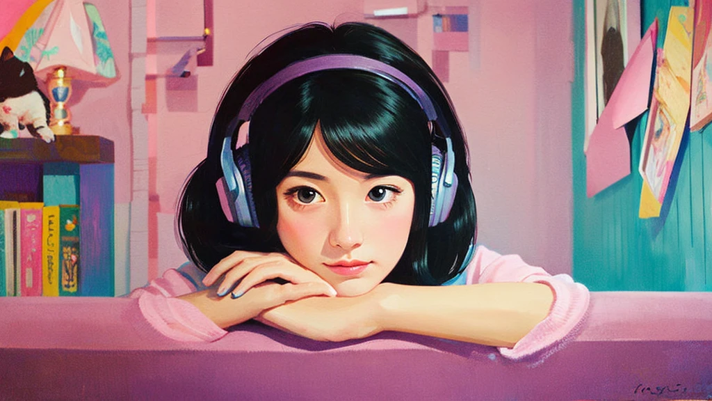 Small face, pretty 24 year old girl listening to music in a corner of a pink room, painting, detailed work, delicate, sense of depth, large room, cluttered, immersed, colorful, urban, city center, cutting edge, cat, black hair 


