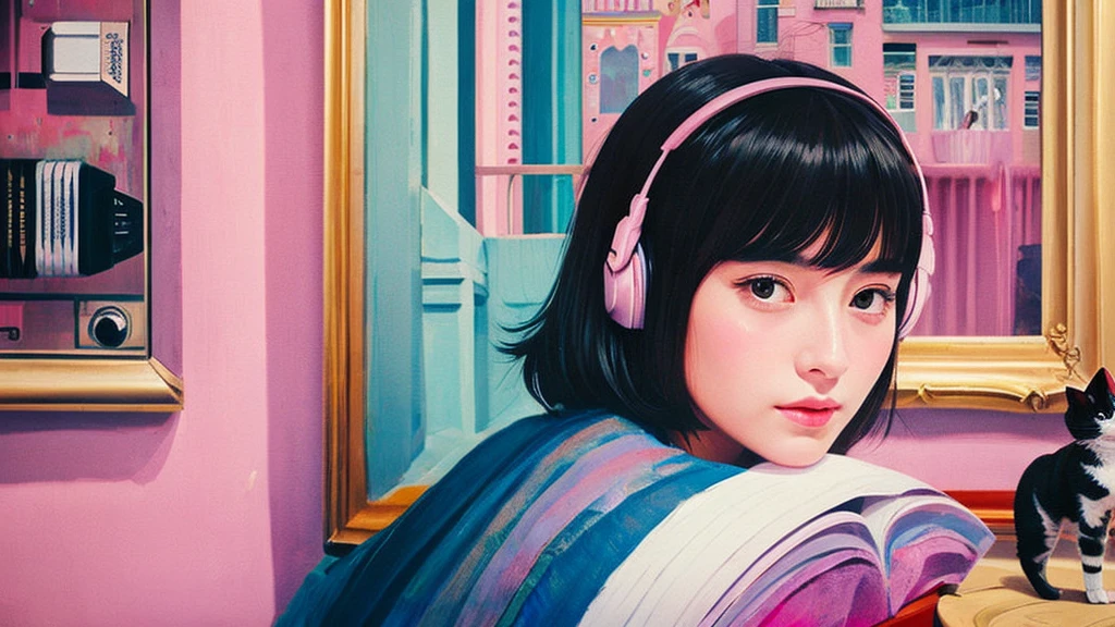 Small face, pretty 24 year old girl listening to music in a corner of a pink room, painting, detailed work, delicate, sense of depth, large room, cluttered, immersed, colorful, urban, city center, cutting edge, cat, black hair