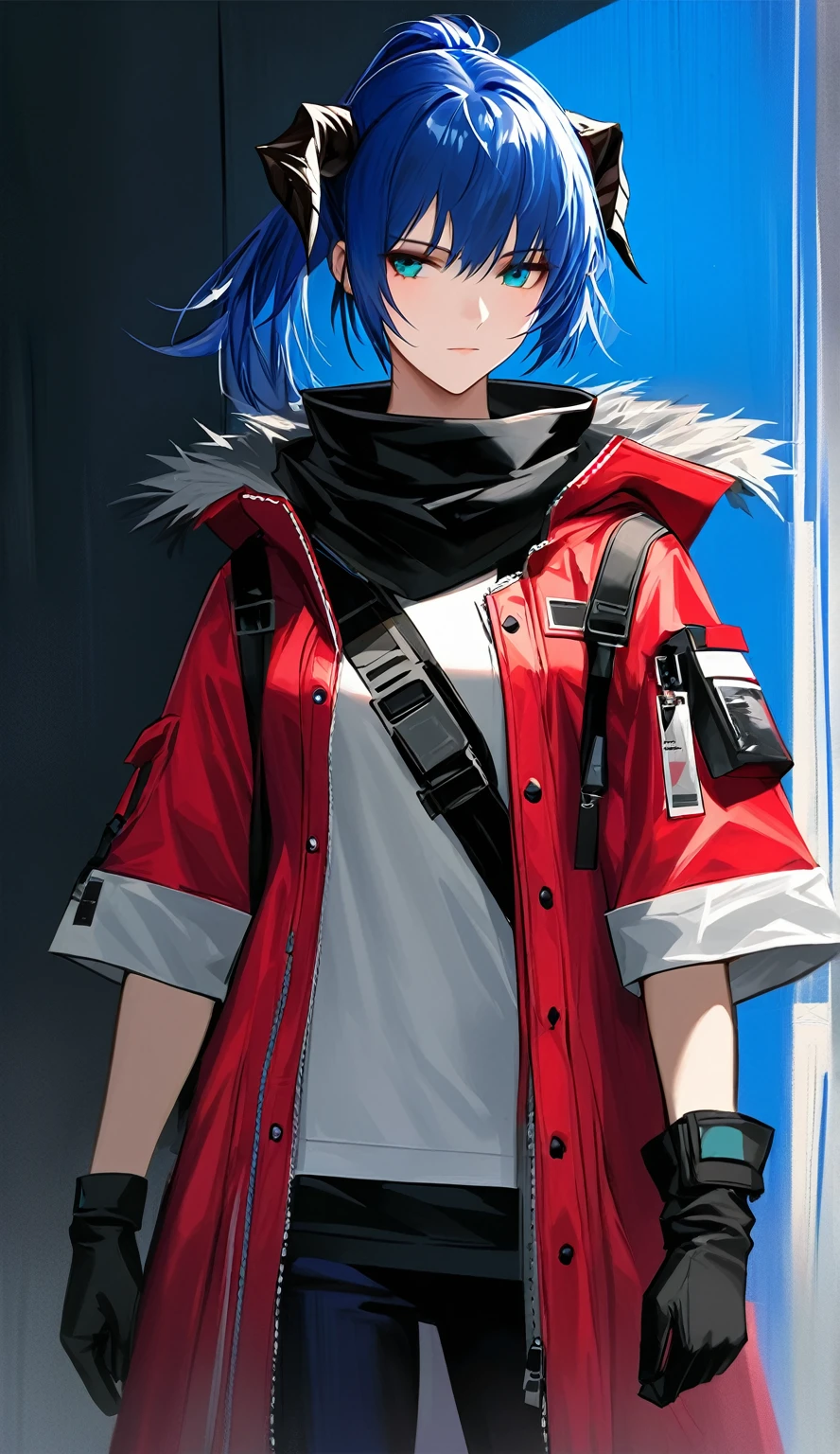 (woman), ((Mostima from arknights)), masterpiece, best quality, blue hair, ((short hair)), ((pony tail hair)), horns, plain white shirt, red fullbody coat, dark blue eyes, realistic anime style, faint smile, portrait, black gloves, carring a bag.