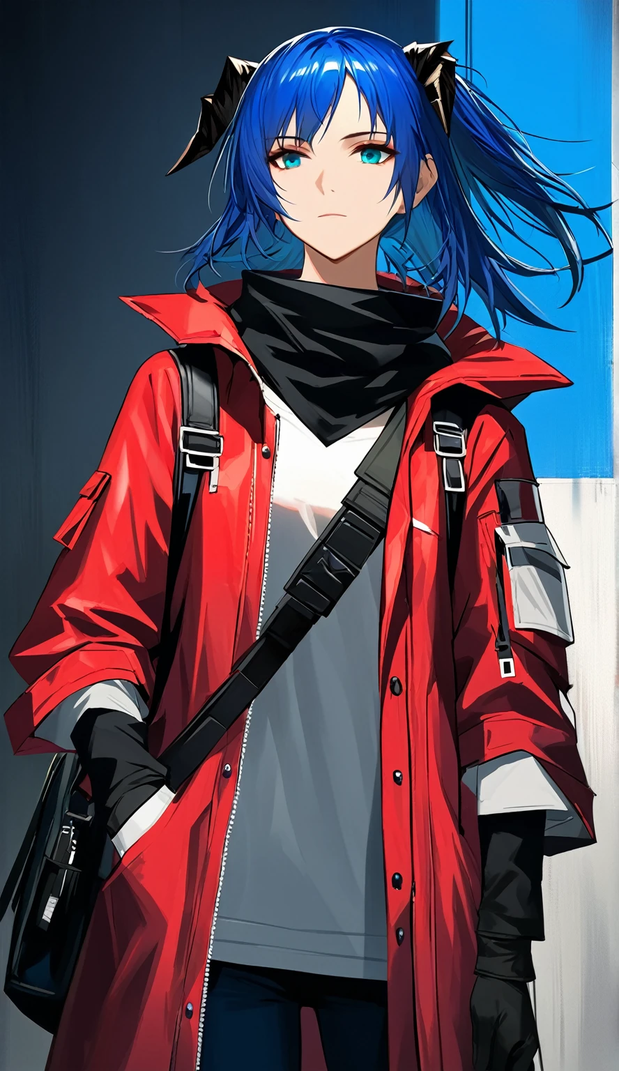 (woman), ((Mostima from arknights)), masterpiece, best quality, blue hair, ((short hair)), ((pony tail hair)), horns, plain white shirt, red fullbody coat, dark blue eyes, realistic anime style, faint smile, portrait, black gloves, carring a bag.