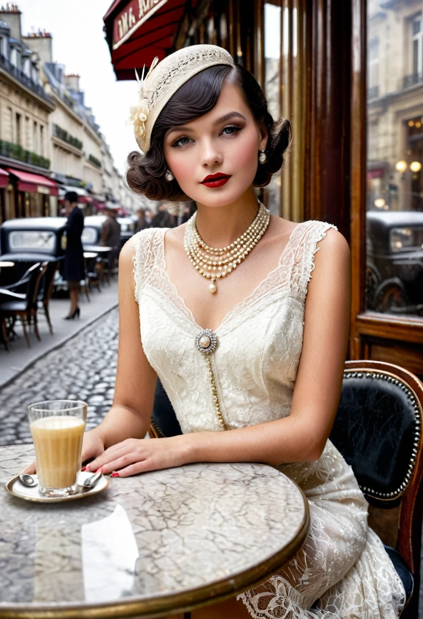 A captivating hyperrealistic photo of a hot and gorgeous model in a 1920s Parisian café. She sits elegantly at a small, round table, dressed in a glamorous vintage outfit with lace and pearls. The detailed textures of the café's exterior and the cobblestone street enhance the nostalgic charm and timeless allure of the scene."