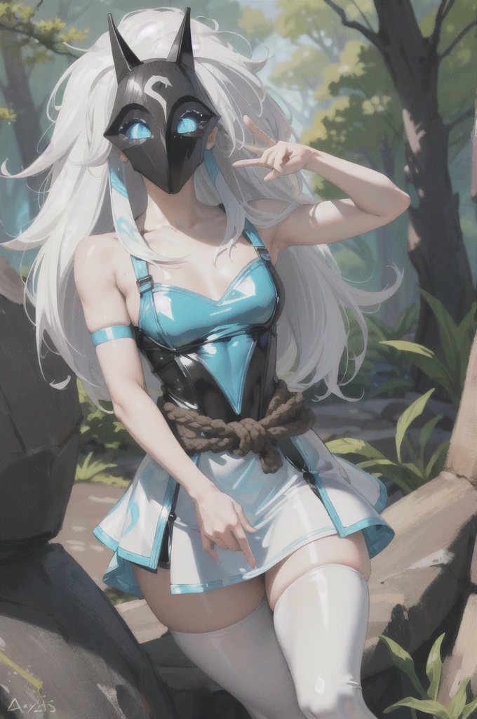 ((Cinematic light, Best quality, 8k, Masterpiece :1.3)), 1girl, Beautiful woman, (white hair, large breasts:1.3), rope panties, bra :1.2, hopefully falling, seductive open lips,1girl, standing, full body, hairy female, body hair, (white hair, white skin:1.1), chest tuft, digitigrade, white hair, long hair, black mask, (blue eyes, bright eyes:1.4), small breasts, BREAK nature, jungle, magical forest, fantasy forest, grass, purple leaves, plants, bright flowers, rocks, day, sexy, showing off, showing armpits, ((nsfw)), ((sexual teasing)), ((((tight latex mini dress))), (((mask covering part of the face))), ((thin waist)), skinny, bodycon,
