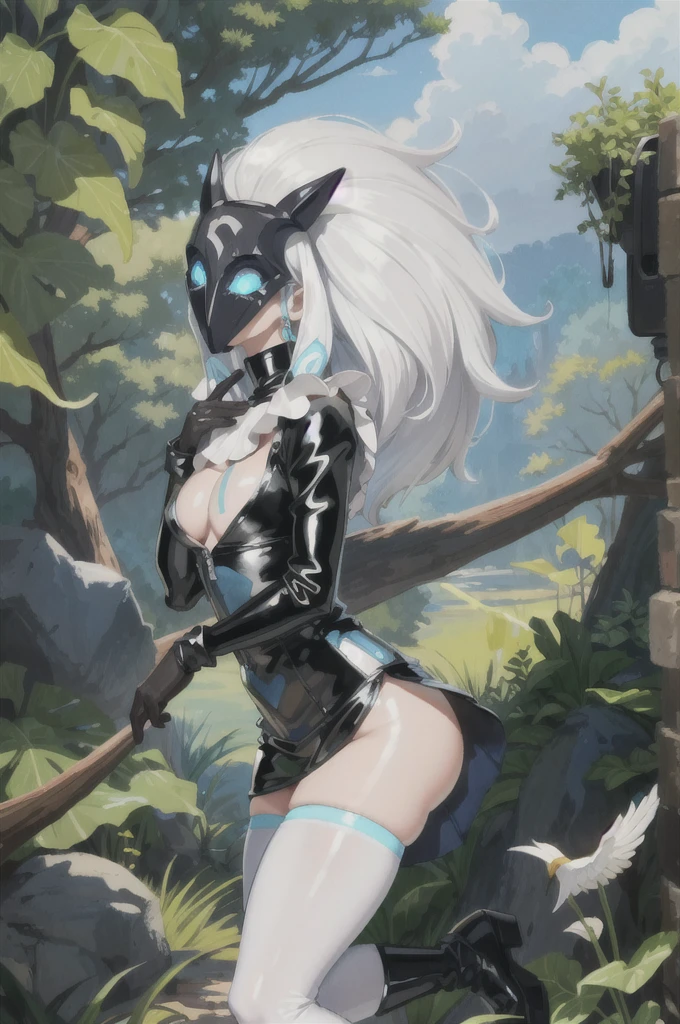 ((Cinematic light, Best quality, 8k, Masterpiece :1.3)), 1girl, Beautiful woman, (white hair, large breasts:1.3), rope panties, bra :1.2, hopefully falling, seductive open lips,1girl, standing, full body, hairy female, body hair, (white hair, white skin:1.1), chest tuft, digitigrade, white hair, long hair, black mask, (blue eyes, bright eyes:1.4), small breasts, BREAK nature, jungle, magical forest, fantasy forest, grass, purple leaves, plants, bright flowers, rocks, day, sexy, showing off, showing armpits, ((nsfw)), ((sexual teasing)), ((((tight latex mini dress))), (((mask covering part of the face))), ((thin waist)), skinny, bodycon,