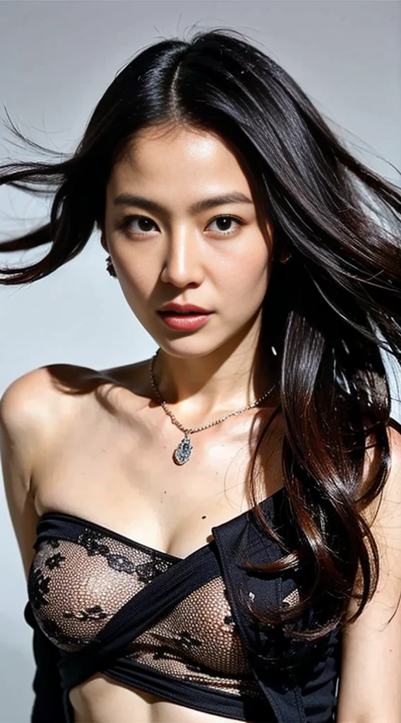 Highest quality, masterpiece, Correct Proportions, Asian Girl, Black shawl hair, Curly Hair, bangs, (Large Breasts), jewelry, Earrings, necklace, bracelet, jewelry, Lightweight, sheer erotic lingerie, Transparent stockings, bump, 乳首がExposeしている, Expose, , feminine, Trimmed body, Background Prairie, close, Wide-angle, pastel colour, Cinematic Lighting Effects, spring, Wind, photograph, Highest Resolution, 8k