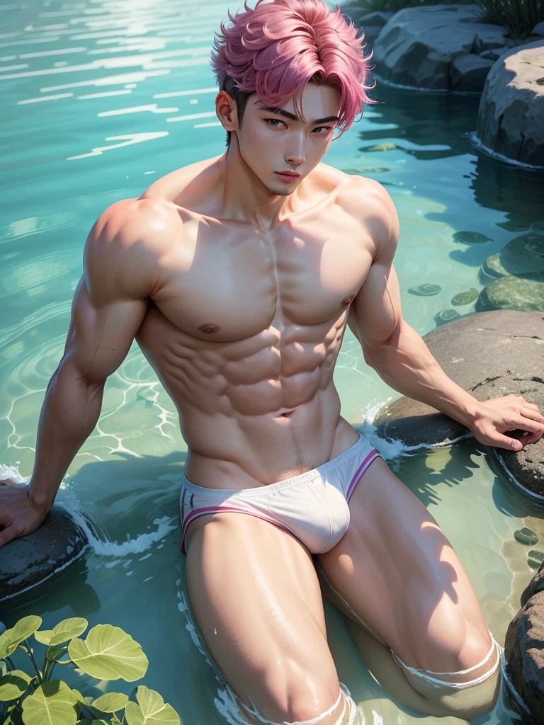 A 26-year-old handsome and cute korean man stands at 5'10" with a slim yet muscular and athletic build, his pink stylish curly taper cut hair, his pink iris gleaming in the warm light. He is shirtless, wearing fitted short sheer white microbriefs shows a subtle pattern with well defined outline and stylish design. He is taking a dip in the sparkling crystal clear waters in a crystal clear water of a beautiful lake. The gentle sunbeam illuminate his body, creating a sense of relaxation and tranquility.