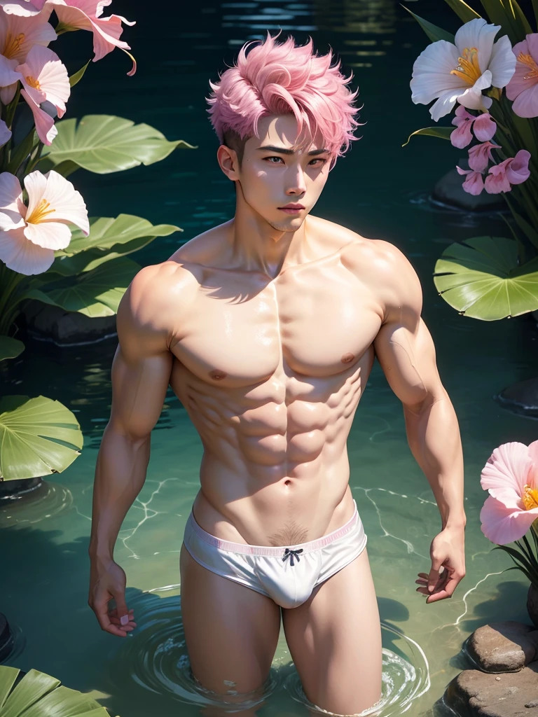 A 26-year-old handsome and cute korean man stands at 5'10" with a slim yet muscular and athletic build, his pink stylish curly taper cut hair, his pink iris gleaming in the warm light. He is shirtless, wearing fitted short sheer white microbriefs shows a subtle pattern with well defined outline and stylish design. He is taking a dip in the sparkling crystal clear waters in a crystal clear water of a beautiful lake. The gentle sunbeam illuminate his body, creating a sense of relaxation and tranquility.