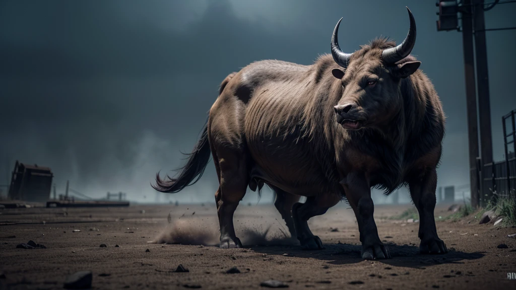 a furious bull, muscular body, horns, sharp eyes, snarling expression, powerful stance, detailed ???????, textured fur, stomping on the ground, dramatic lighting, cinematic angle, dark moody colors, digital painting, photorealistic, (best quality,4k,8k,highres,masterpiece:1.2),ultra-detailed,(realistic,photorealistic,photo-realistic:1.37)