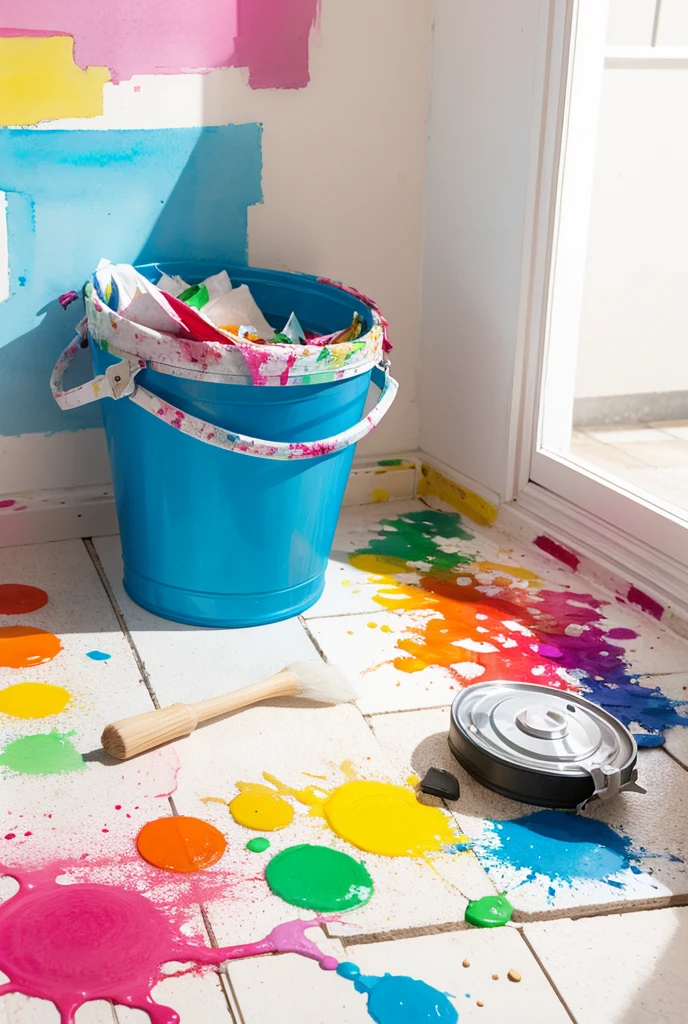 Vibrant colored watercolor, bucket falling to the floor, scattered and spilled paints, painted walls, bankrupt artist&#39;s garage, scattered brushes, broken screens, artist dirty with paint, sad and crestfallen, empty shelves, mess, 真实感, deep details, 4d 8k, paints with splashes, arte abstrata.