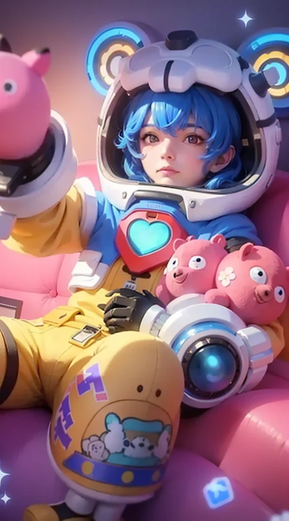  The image shows an animated character, a female astronaut with blue hair, wearing a yellow jacket and holding a gun. She is surrounded by pink and white teddy bears.