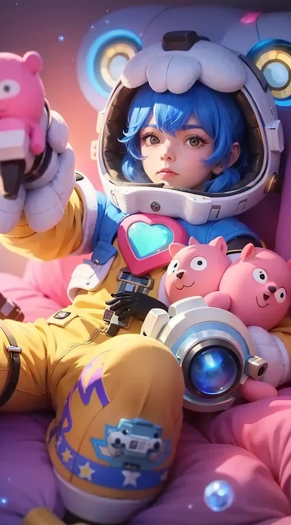  The image shows an animated character, a female astronaut with blue hair, wearing a yellow jacket and holding a gun. She is surrounded by pink and white teddy bears.