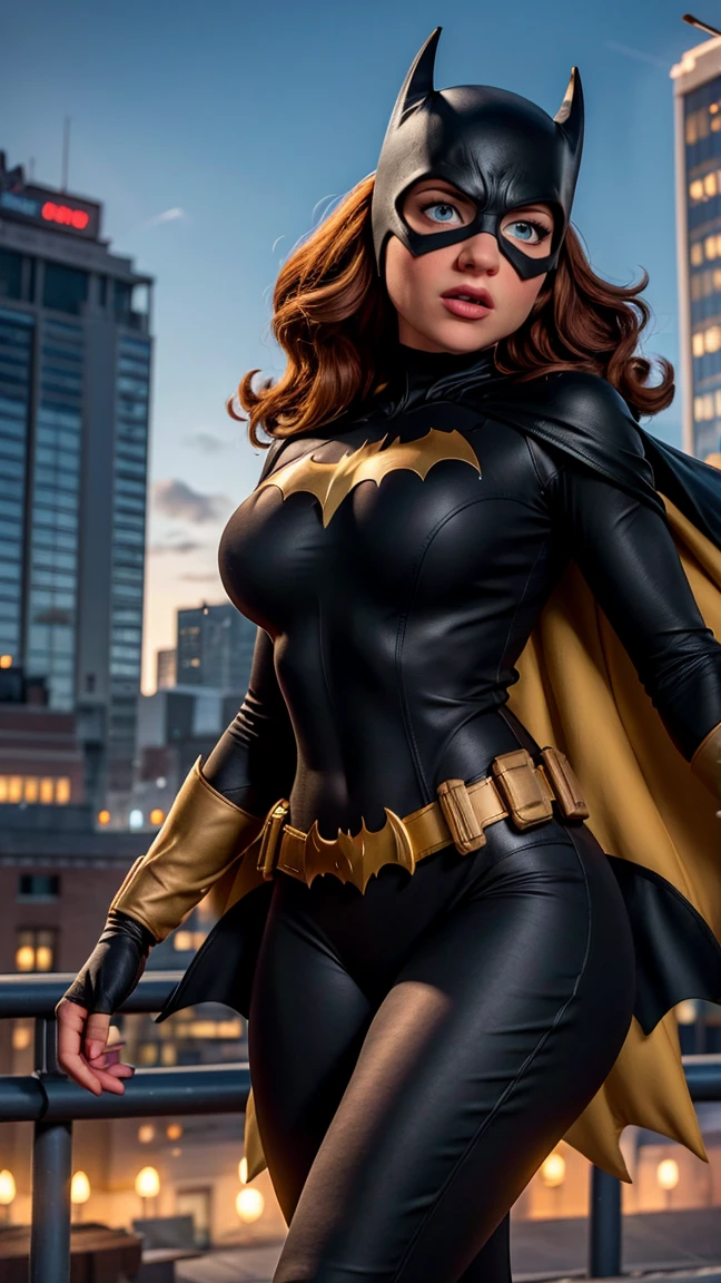 8K, Ultra HD, Super details, high quality, High resolution. The heroine Batgirl looks beautiful in a full-length photo, her body is sculptural, her long black wavy hair is radiant in a perfect combination with her white skin, her bright blue eyes mesmerize everyone. She is wearing her heroine costume. It consists of a mask that covers the upper part of the face, leaving your eyes visible, and a tight bodysuit. It can be black, dark blue or purple, the material is made of resistant and elastic fabric to provide protection and allow agile movements, on the chest of the costume, there is a bat symbol similar to the Batman symbol, she wears a utility belt that contains a variety of useful devices and equipment for your missions, Batgirl's boots and gloves are made of resistant material to protect her hands and feet during combat, she wears a black cape, an aesthetic element of the costume. she looks very sexy, drawing attention to her big breasts and thick legs.