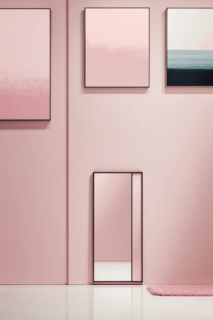 Create a proposal for three works of minimalist art, of pink tones, contemporary, and fresh, in which the first is seen, reflected success and intelligence, in the second love, and the third beauty 